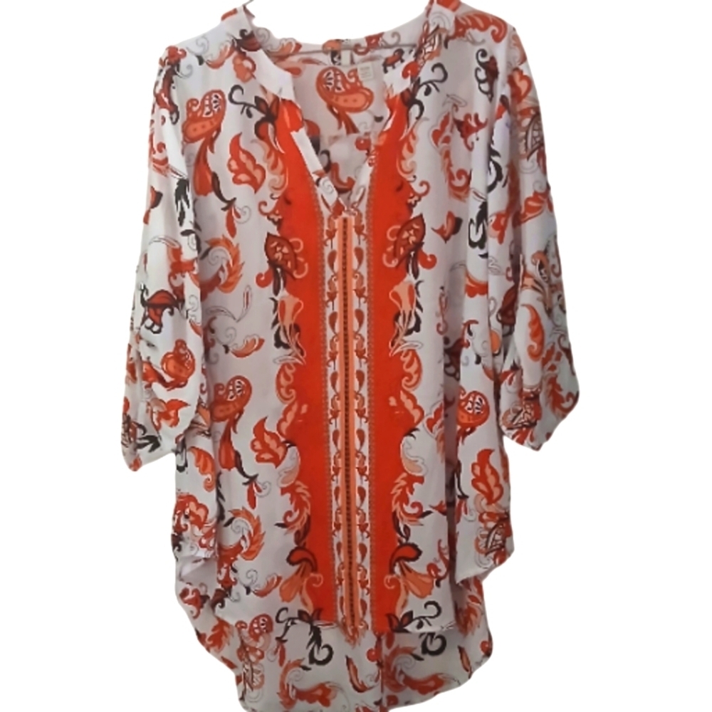 Cato Womens Plus Size Orange and White Graphic Tunic 3/4 Sleeve Size 18/20